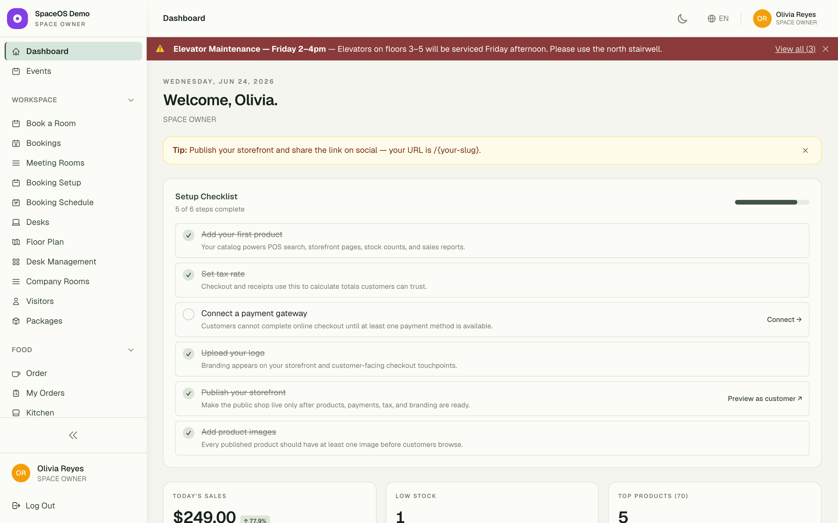 Owner dashboard with the day's revenue