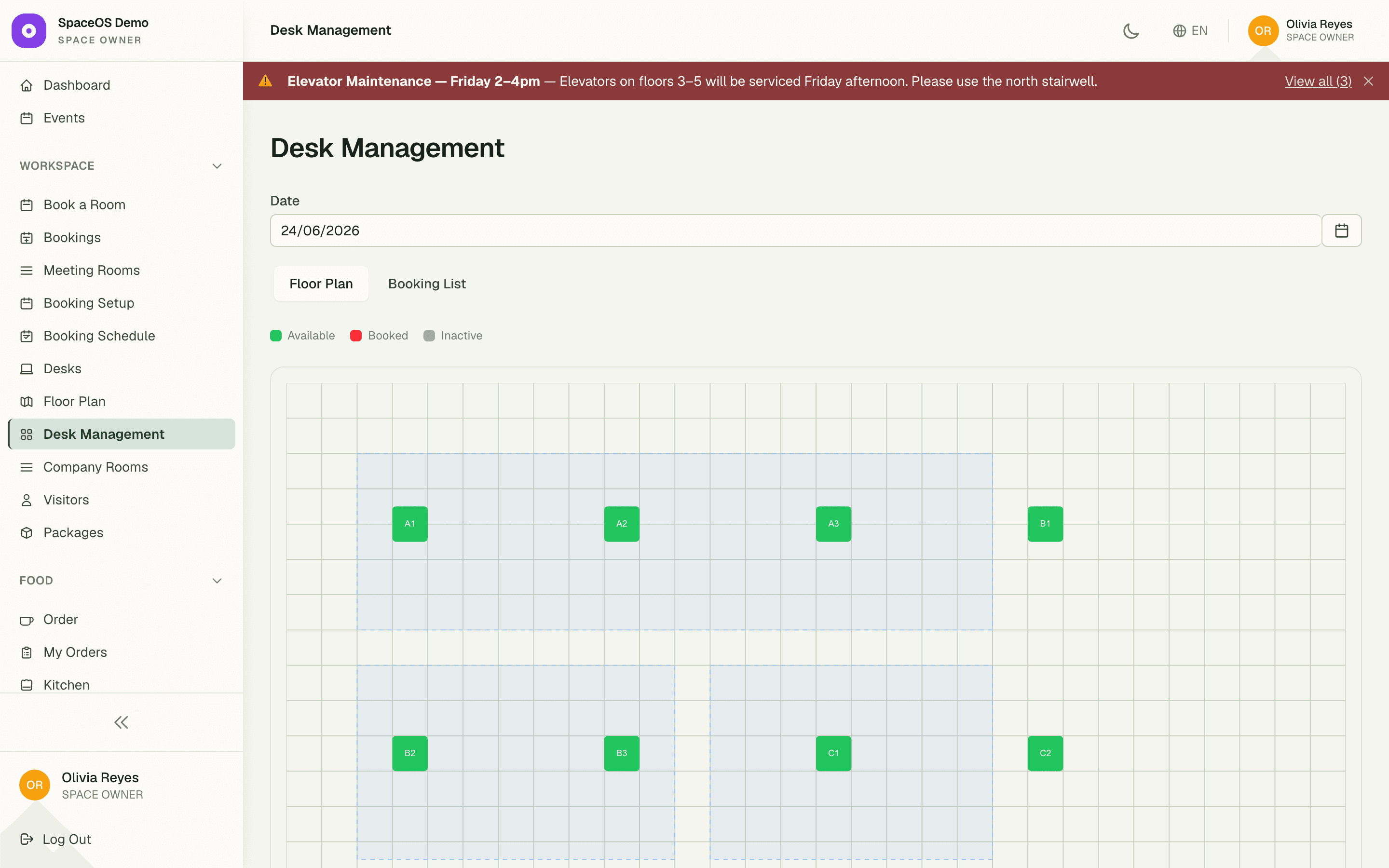 Live desk floor plan with occupancy