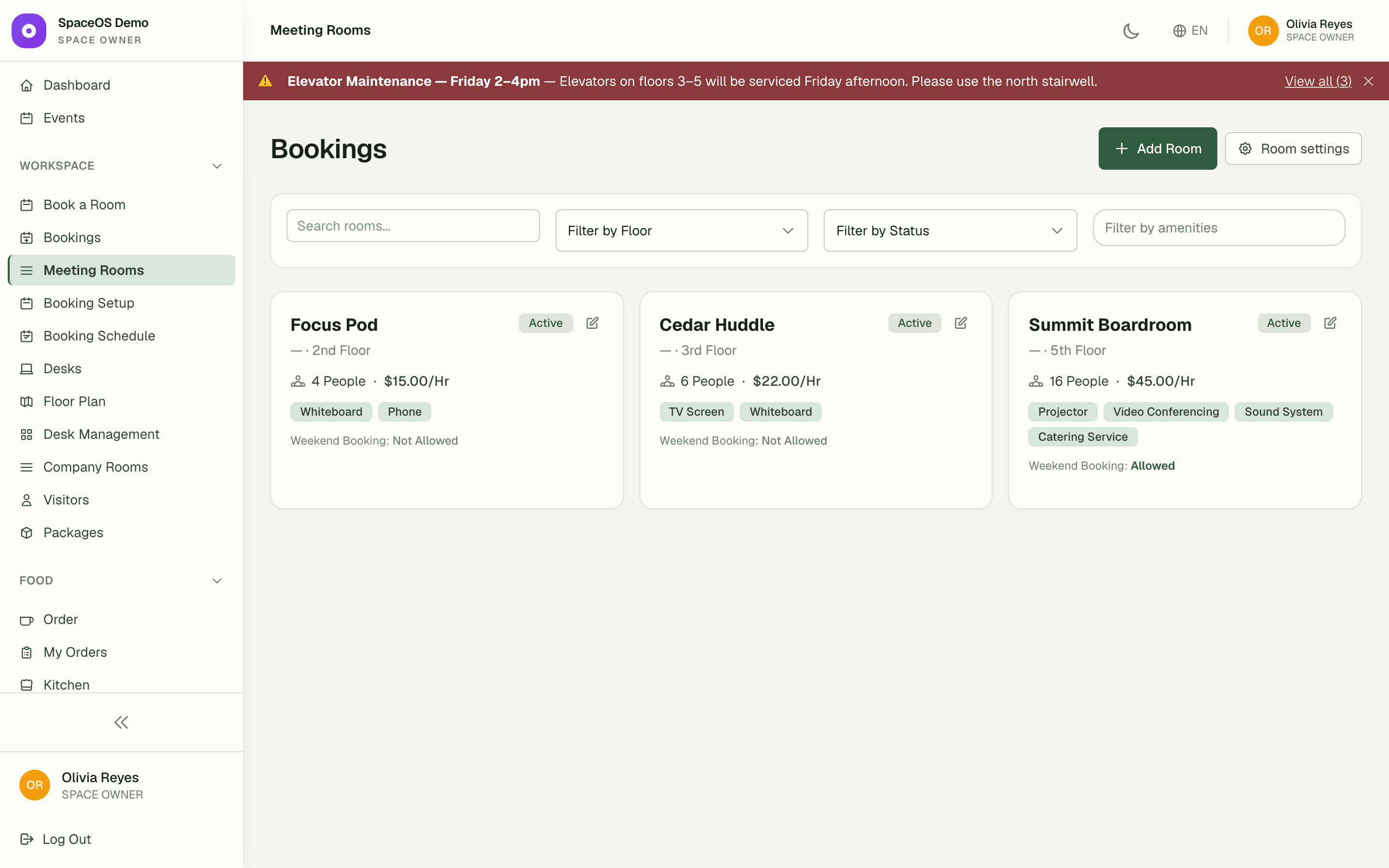 Meeting room schedule with the day's bookings