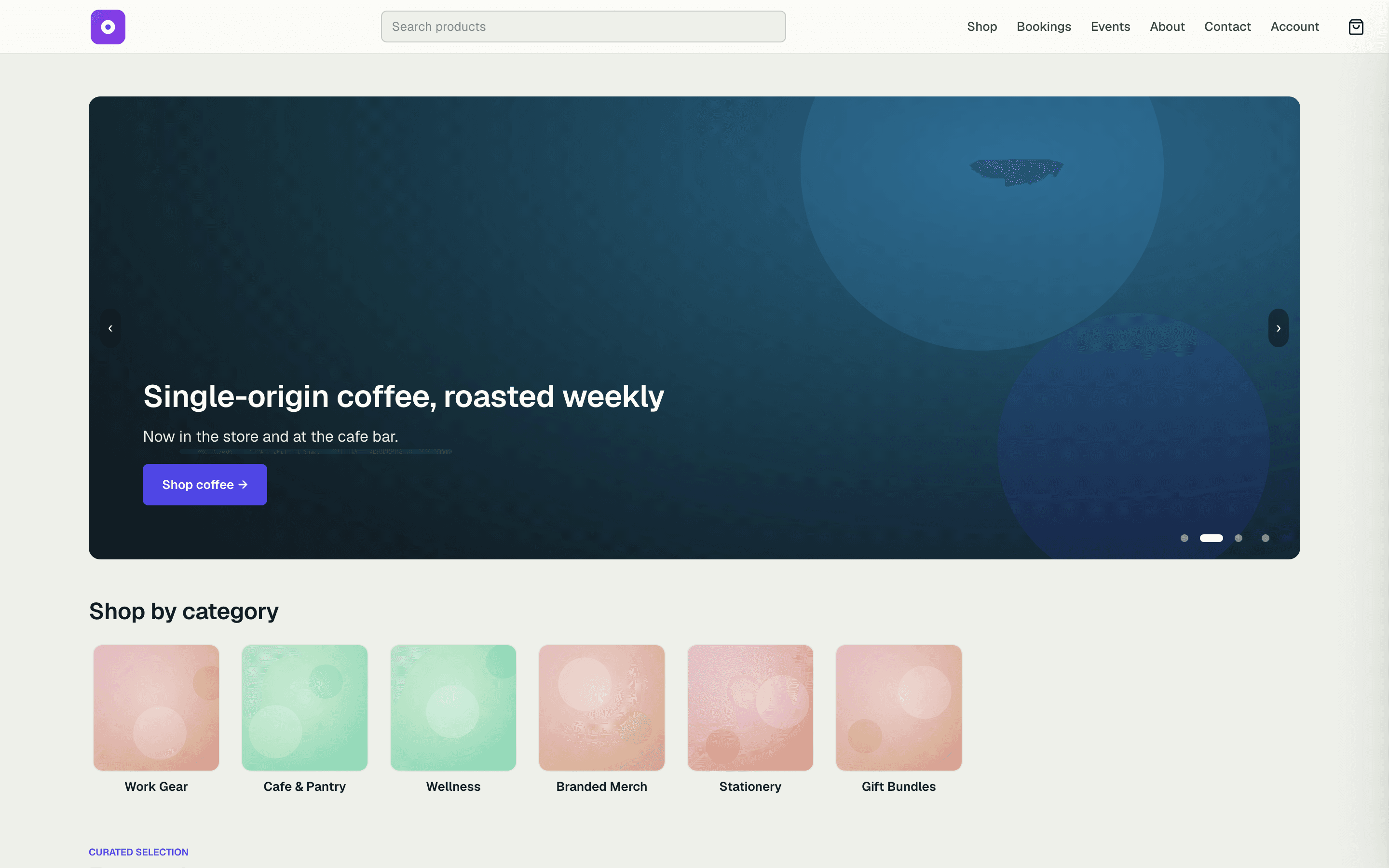 Branded online storefront with products and checkout