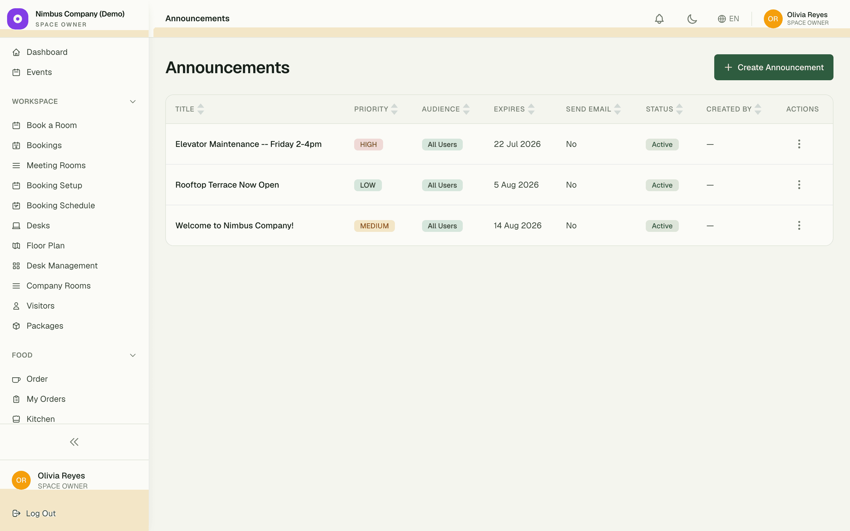 Announcements board with prioritized notices