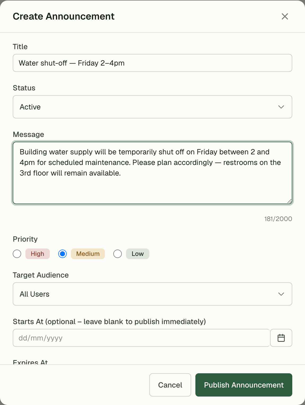 Creating an announcement with priority and expiry date