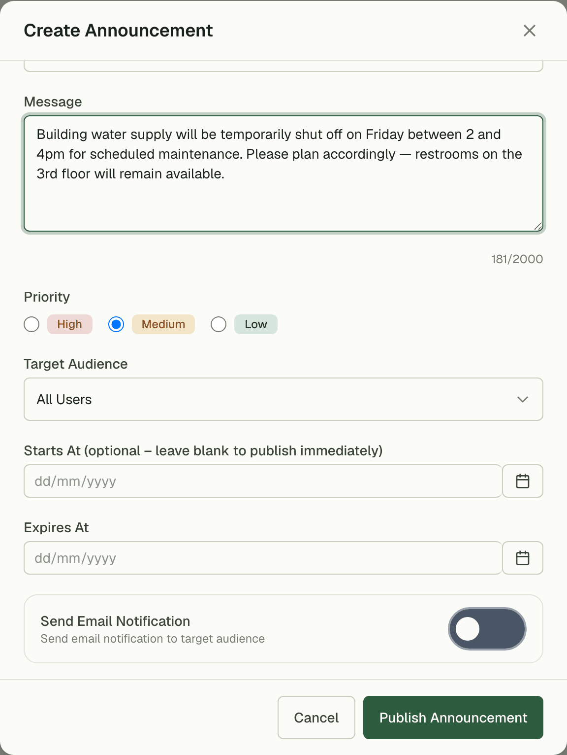Audience targeting options for an announcement