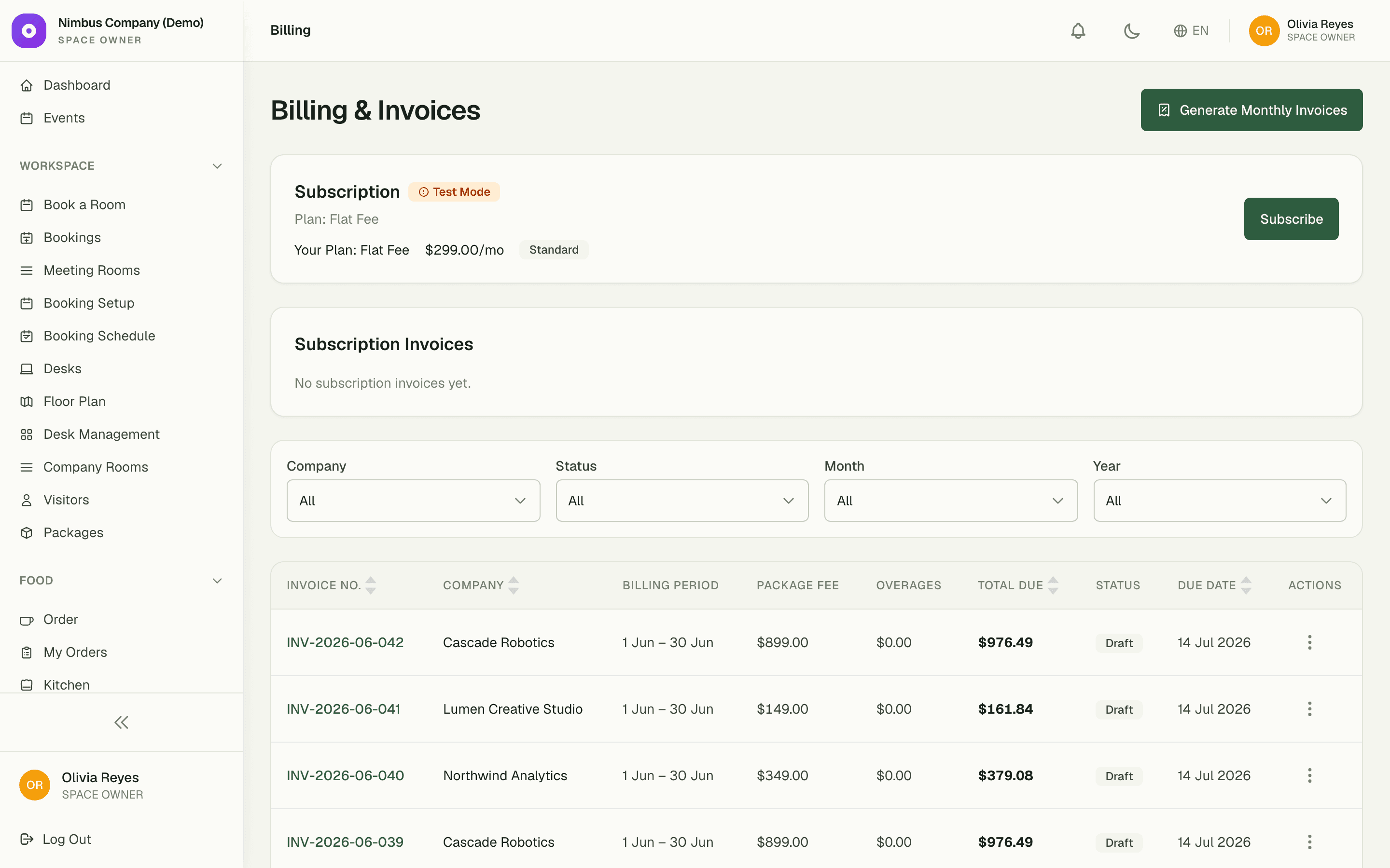 Invoice list with statuses across the billing cycle