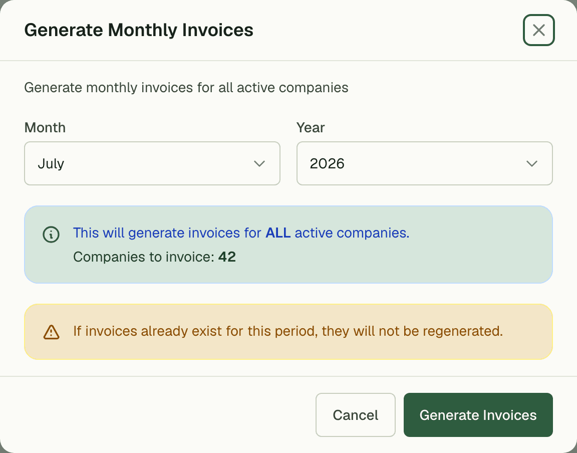 Generate run creating invoices for every active company