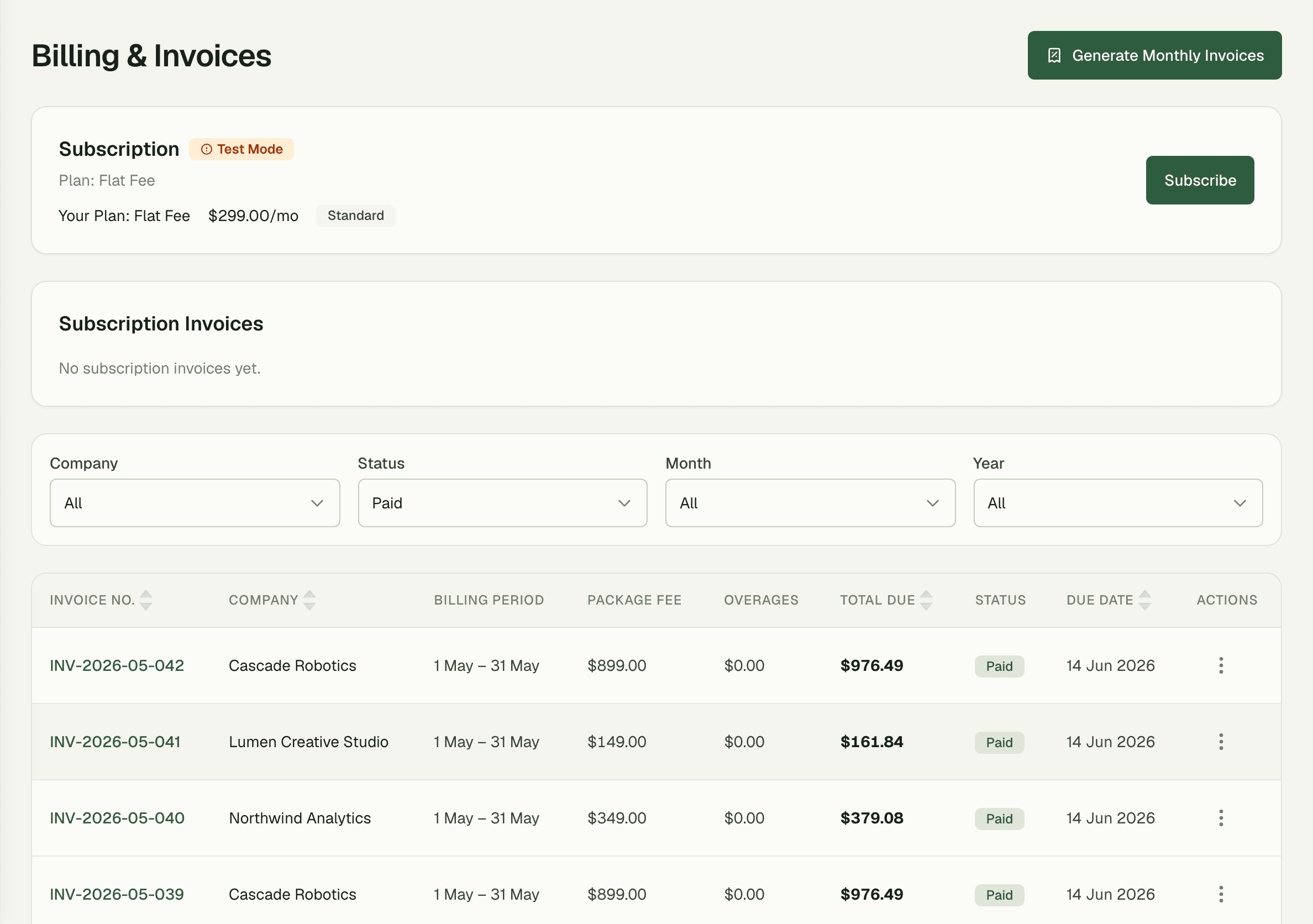 Filtering invoices by Draft, Sent, Overdue, and Paid status