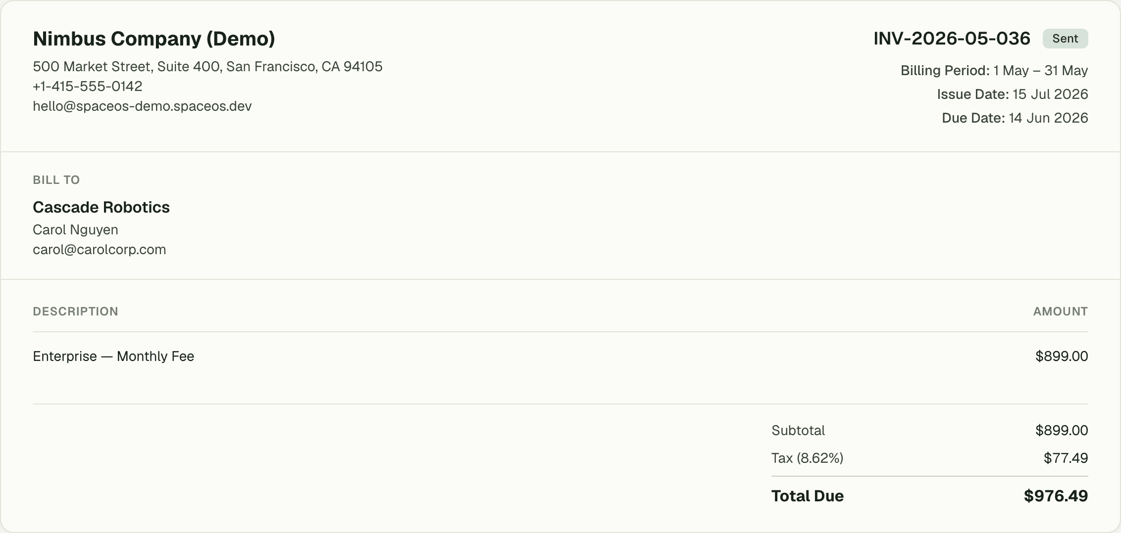 Branded invoice detail with itemised charges and tax