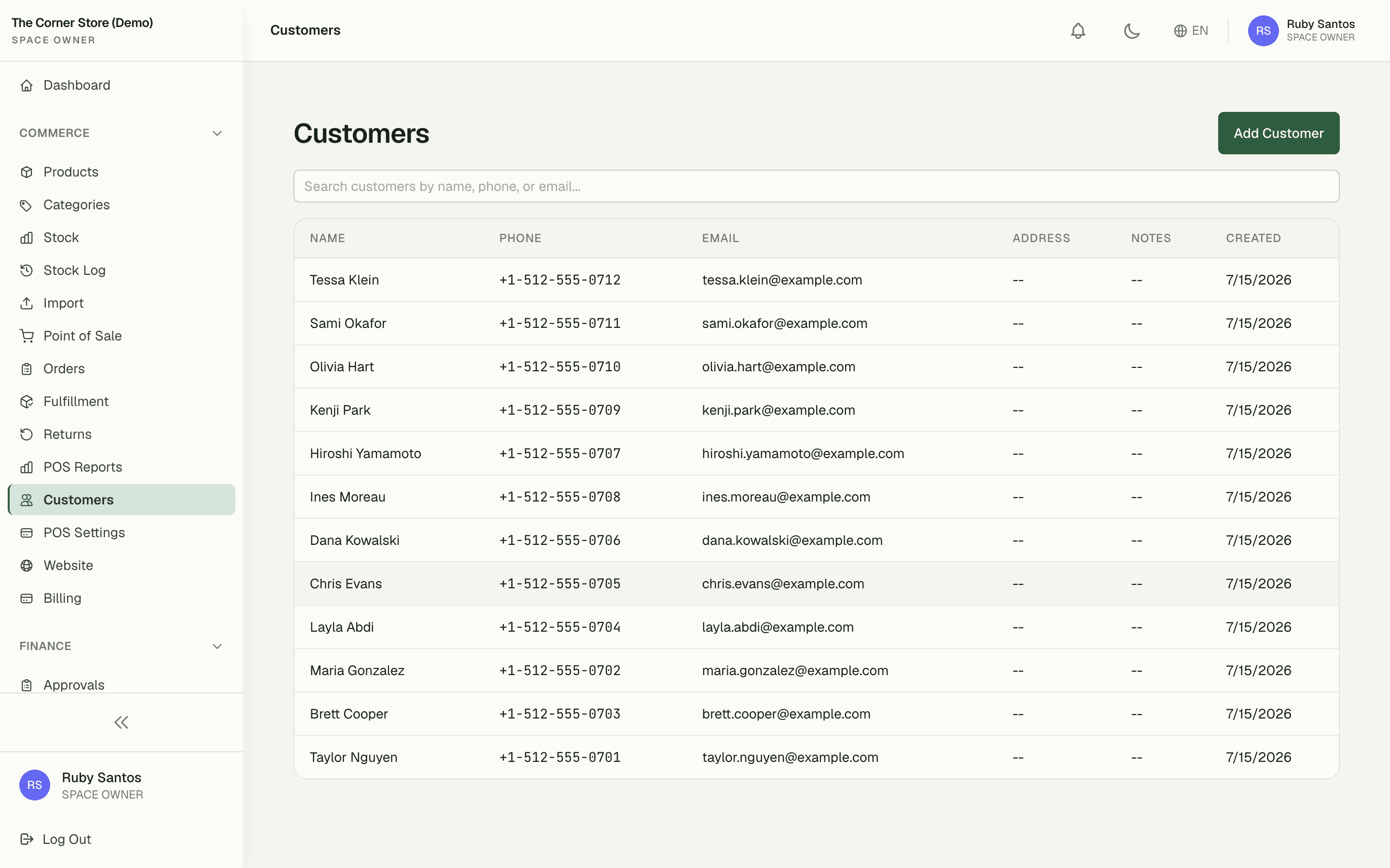 Customer list with search and outstanding balances