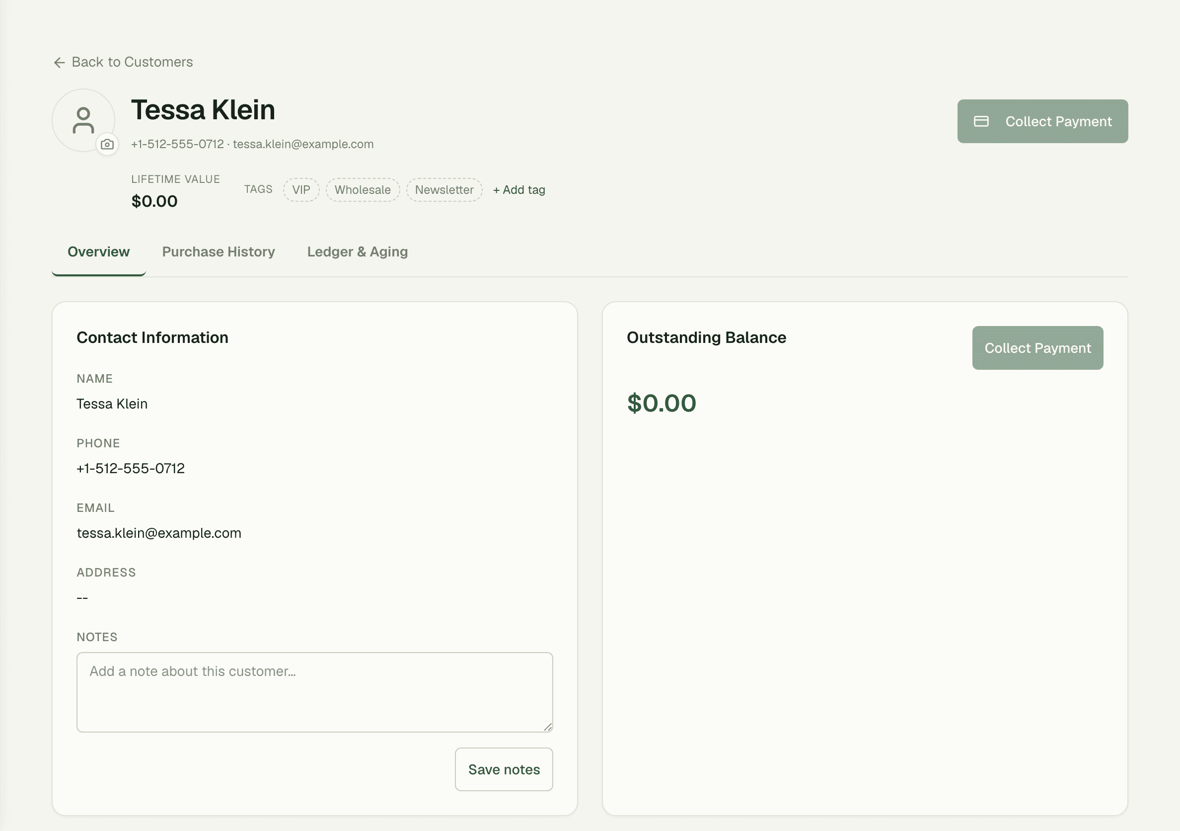 Customer profile with purchase history and lifetime value