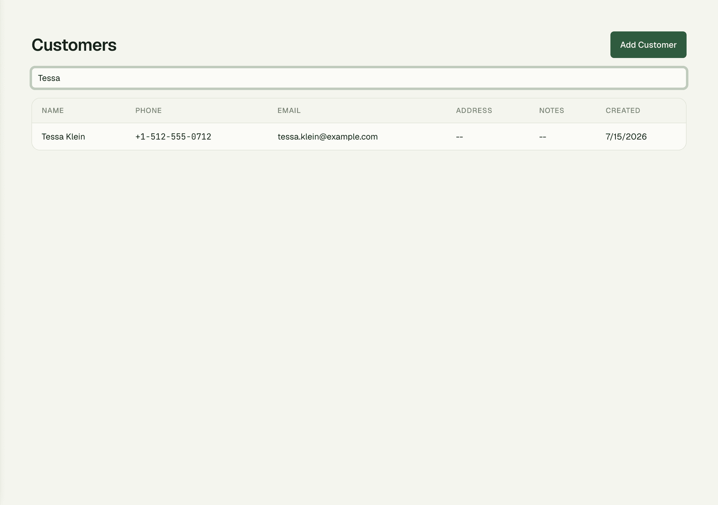 Instant customer lookup by name or phone