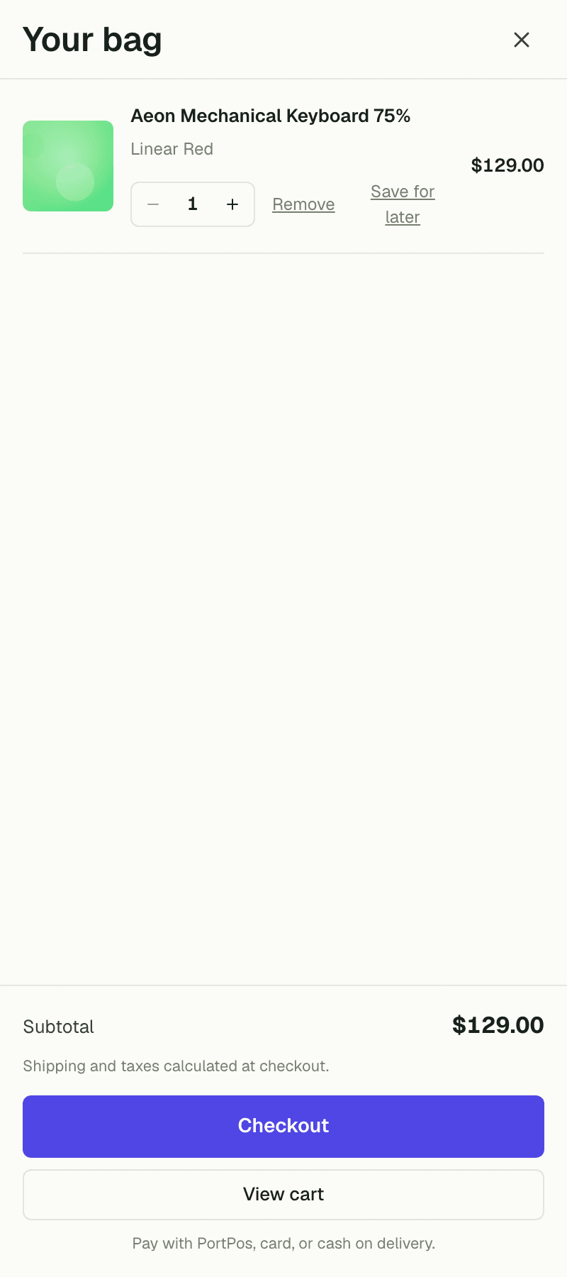 Cart drawer with itemized subtotal, tax, and total