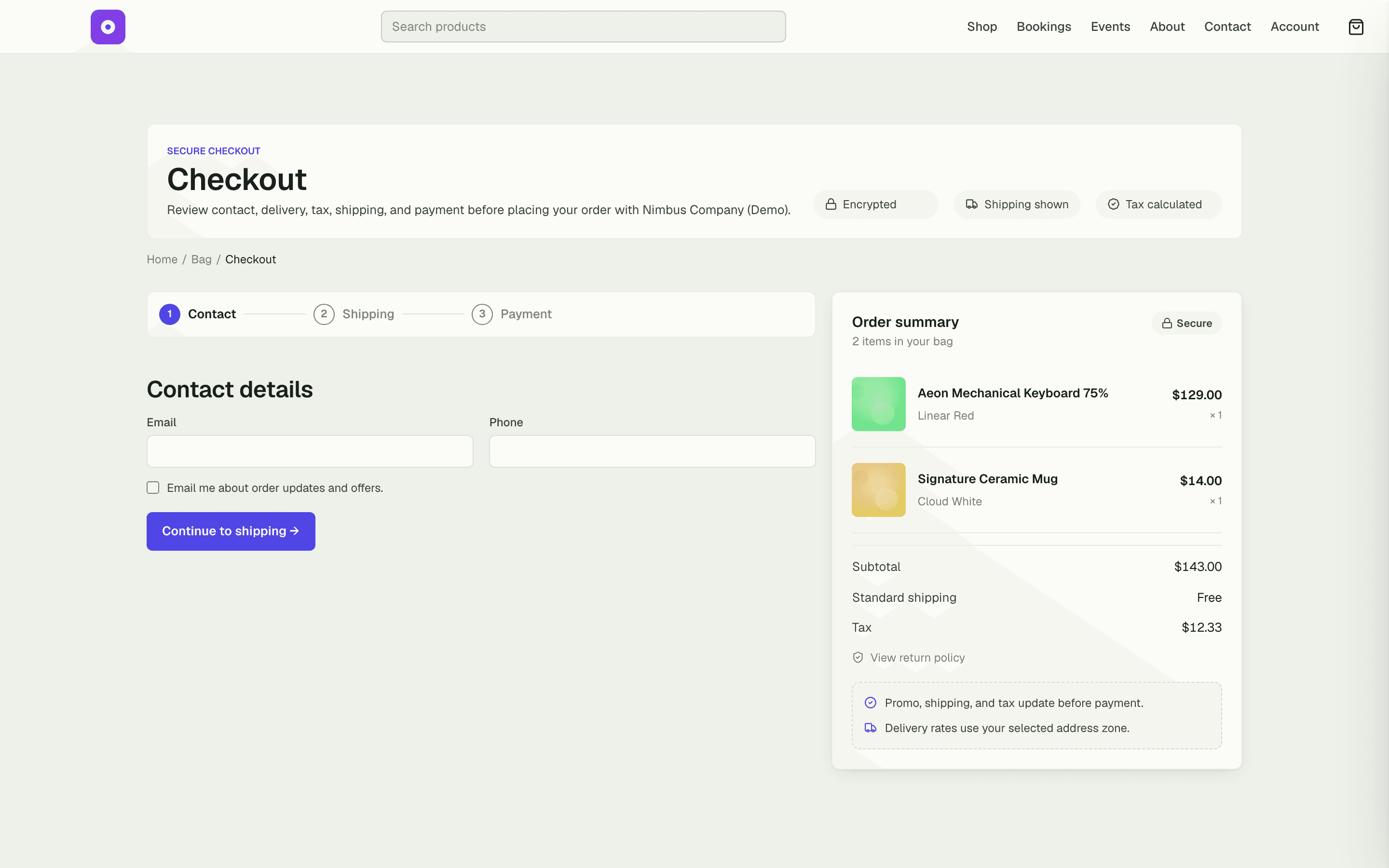 Checkout flow with card, wallet, and cash-on-delivery options