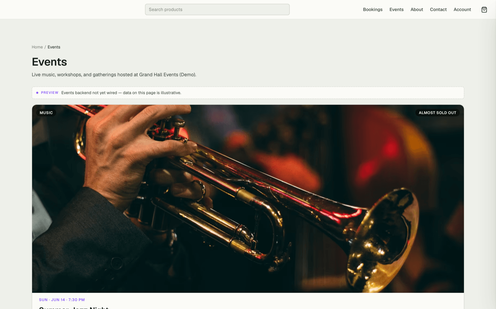 Public events page with upcoming event listings