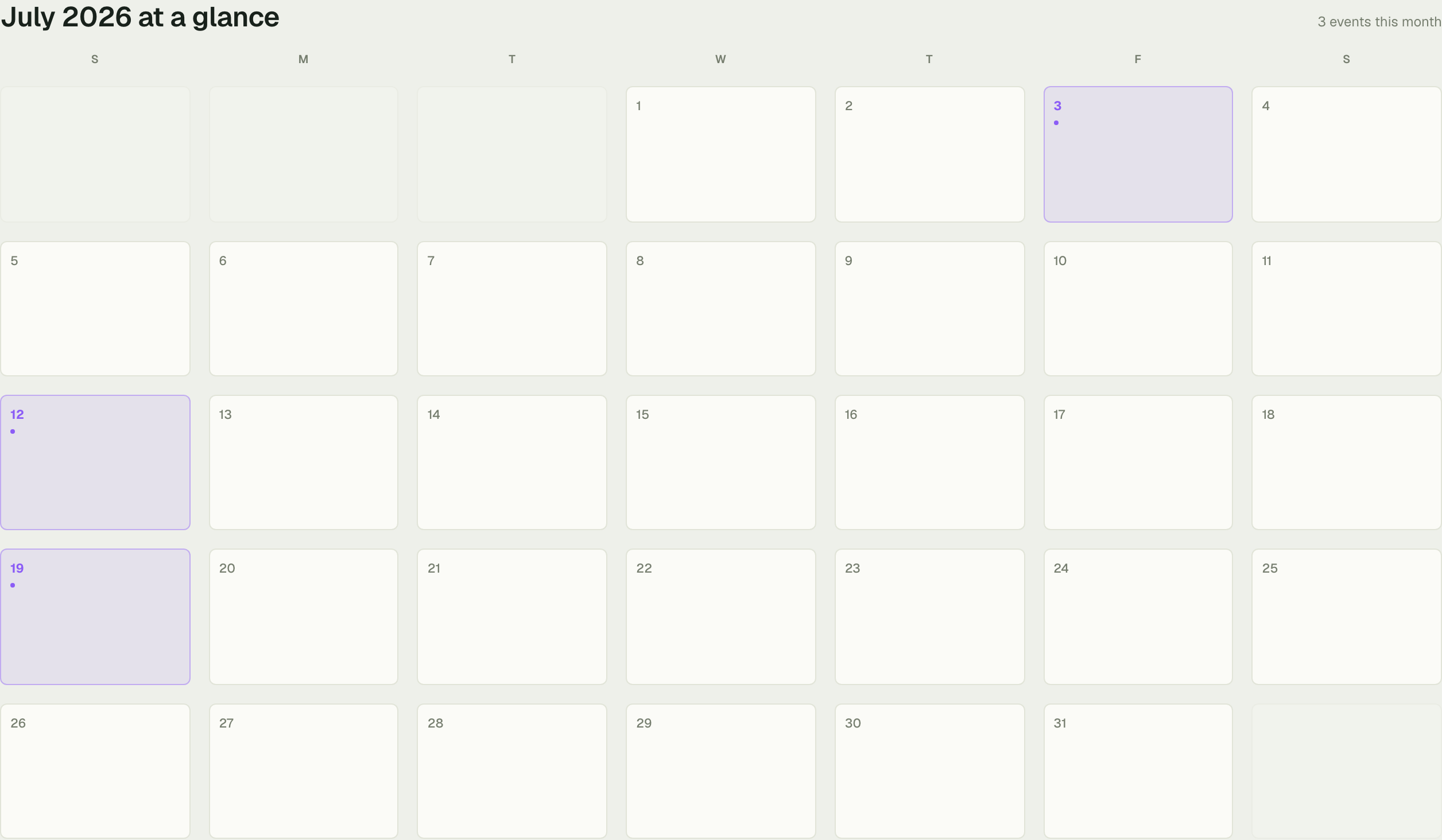 Event calendar view with filters