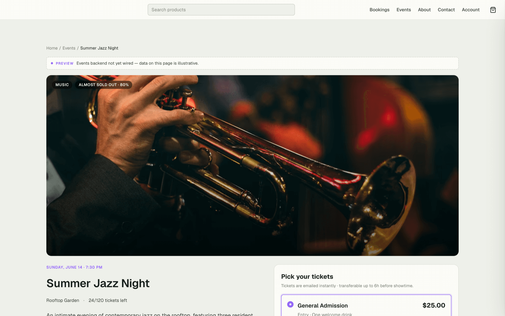 Branded event detail page with hero image