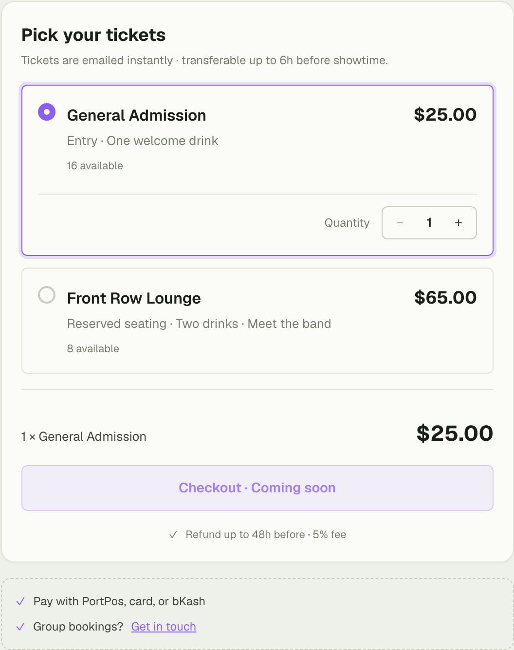 Ticket tiers with live sold-out progress