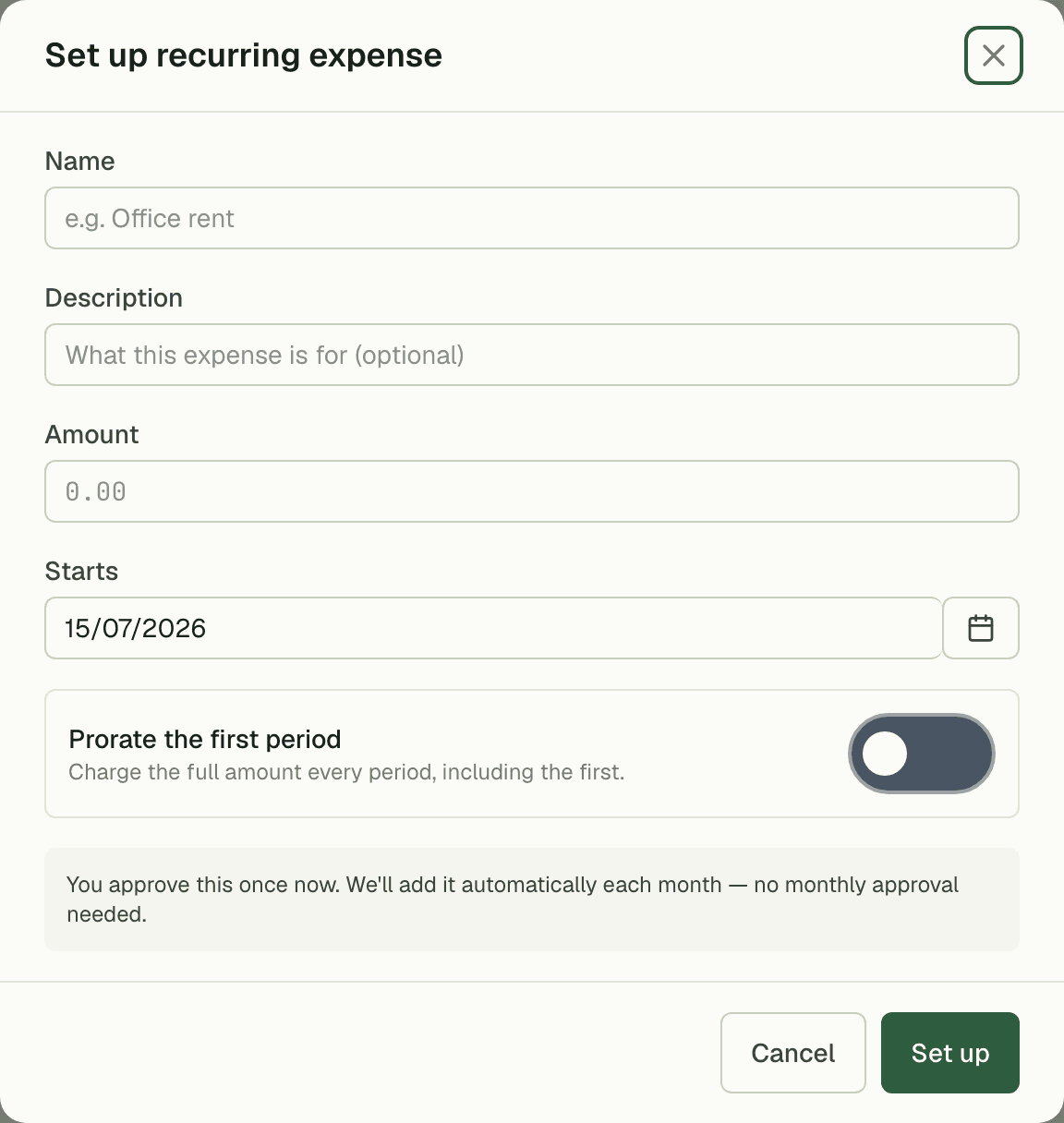 Recurring expense setup with schedule options