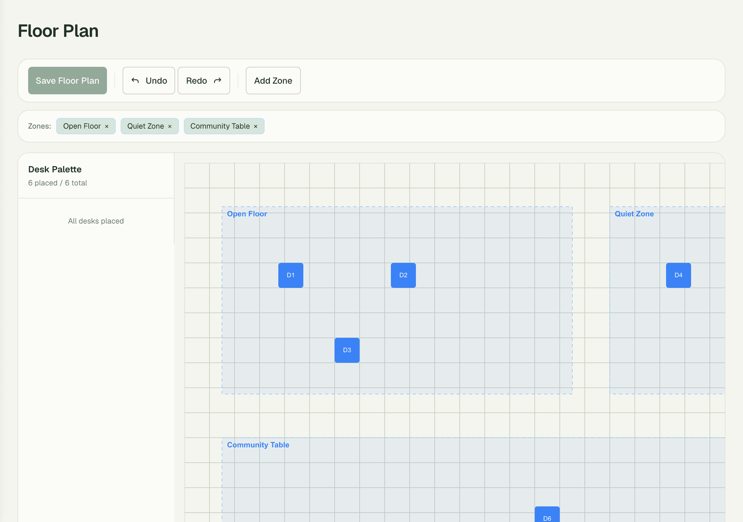 Floor plan editor with desks positioned by drag-and-drop