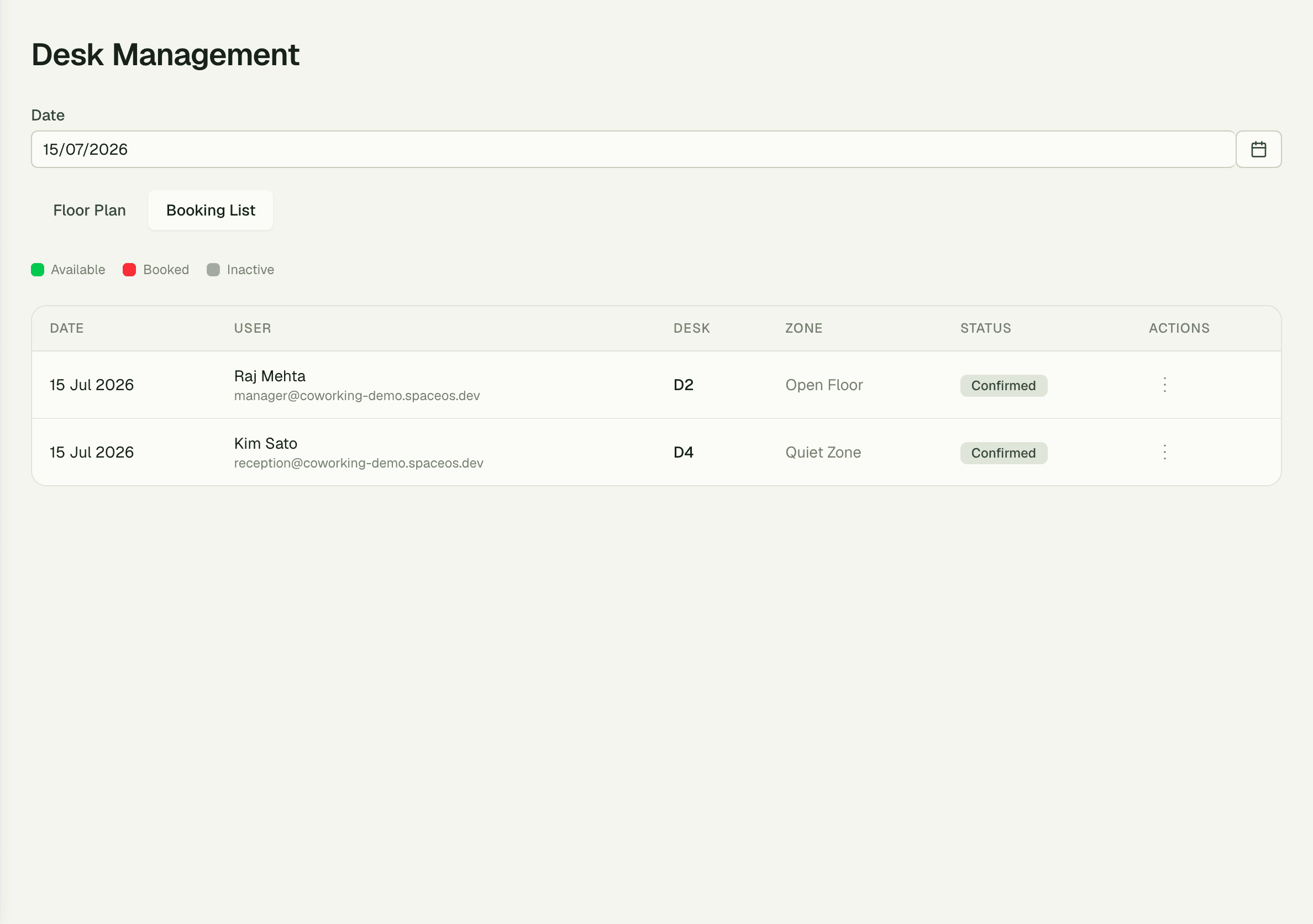 Desk booking list with statuses and admin controls