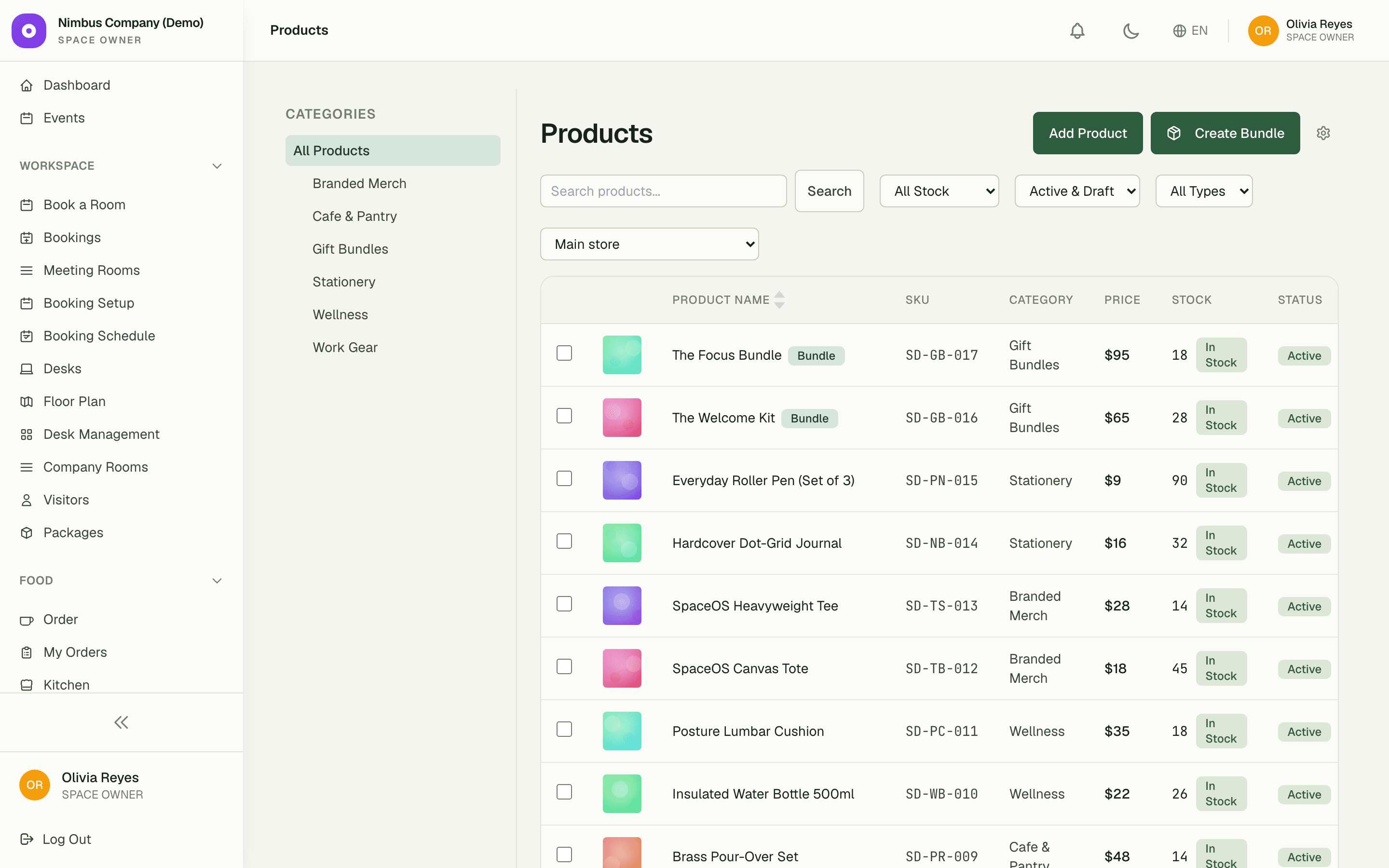 Product catalog with variants, SKUs, and stock levels