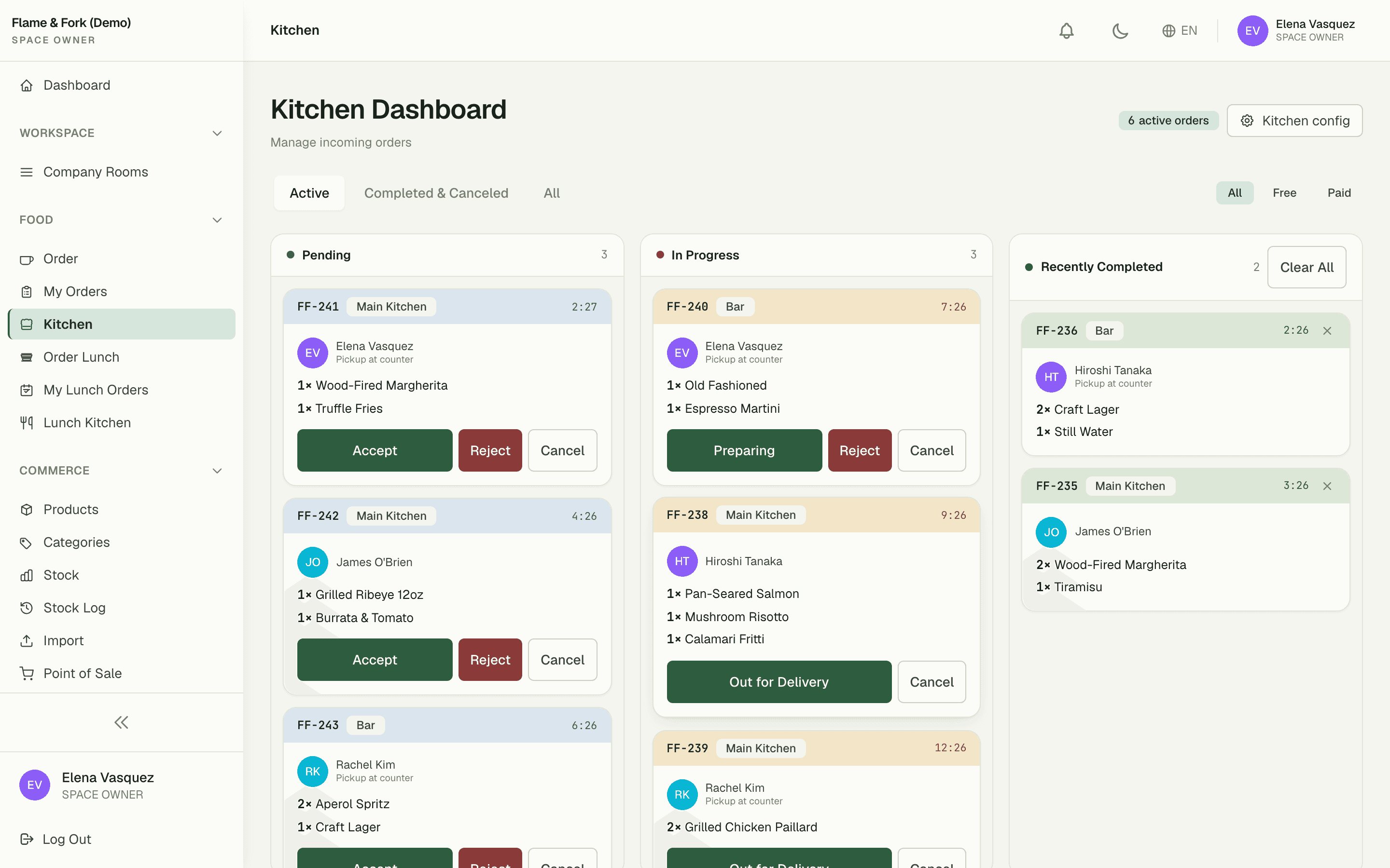 Live kitchen staff dashboard with active order tickets