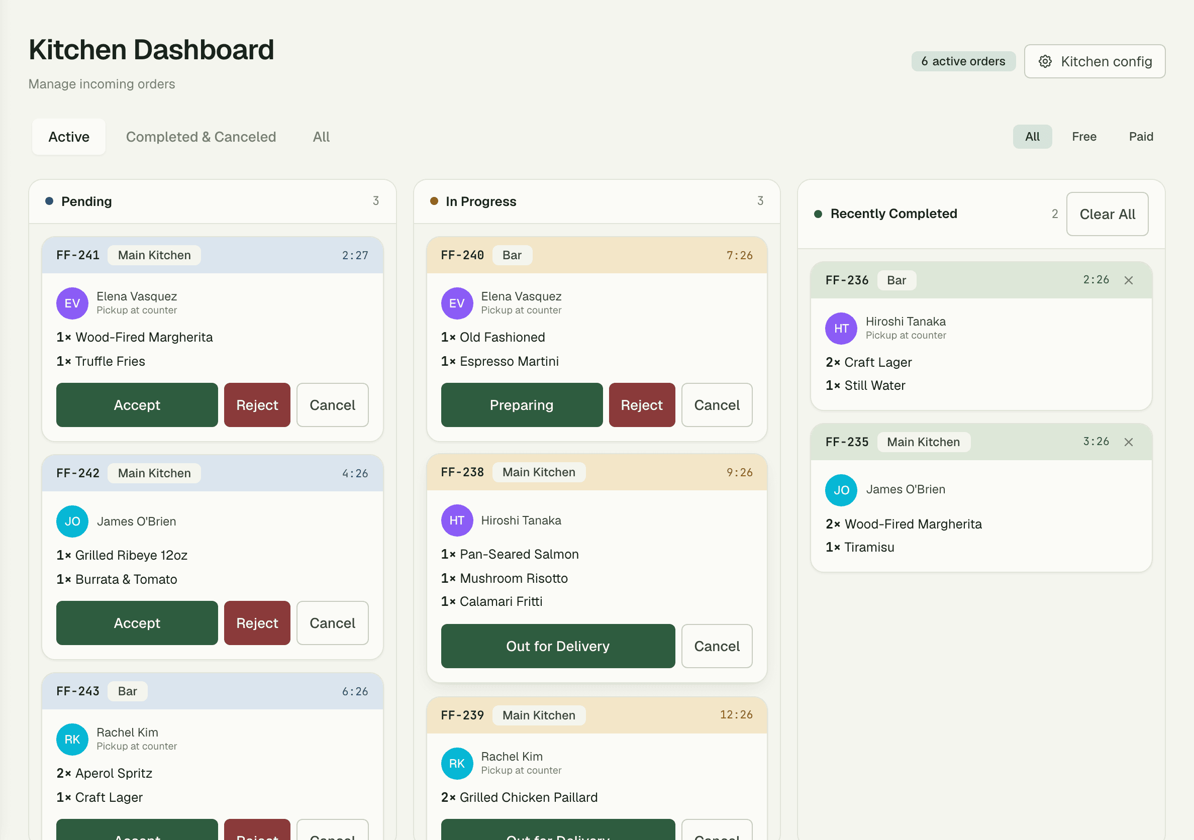 Kitchen Kanban board with Pending, In Progress, and Recently Completed columns