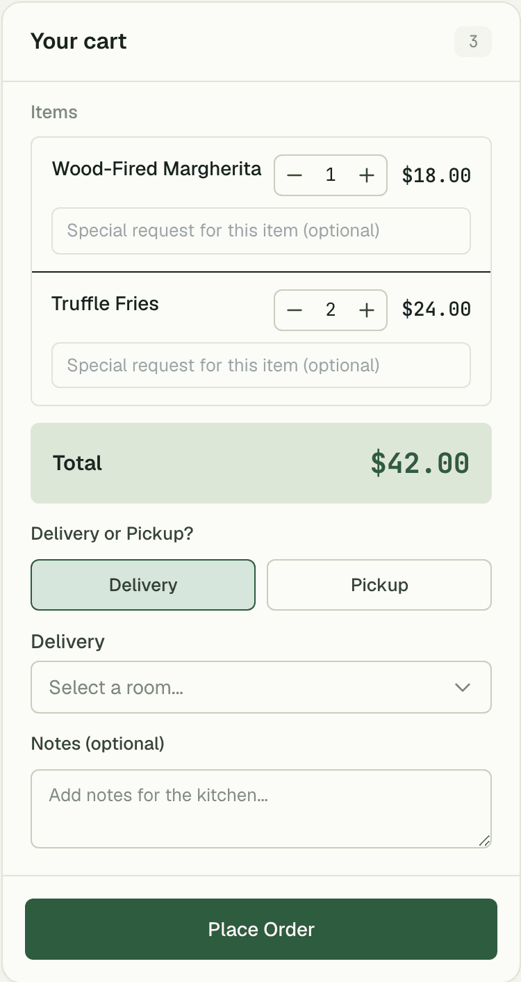 Member cart and checkout on the kitchen ordering screen