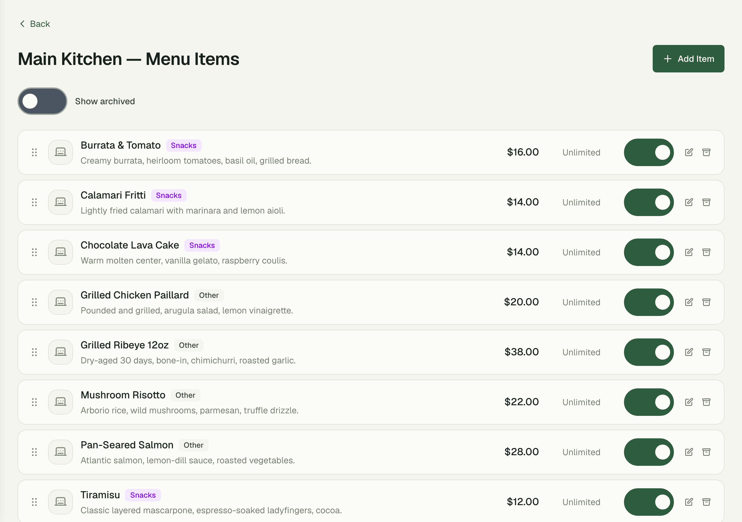 Kitchen menu configuration with stock and availability controls