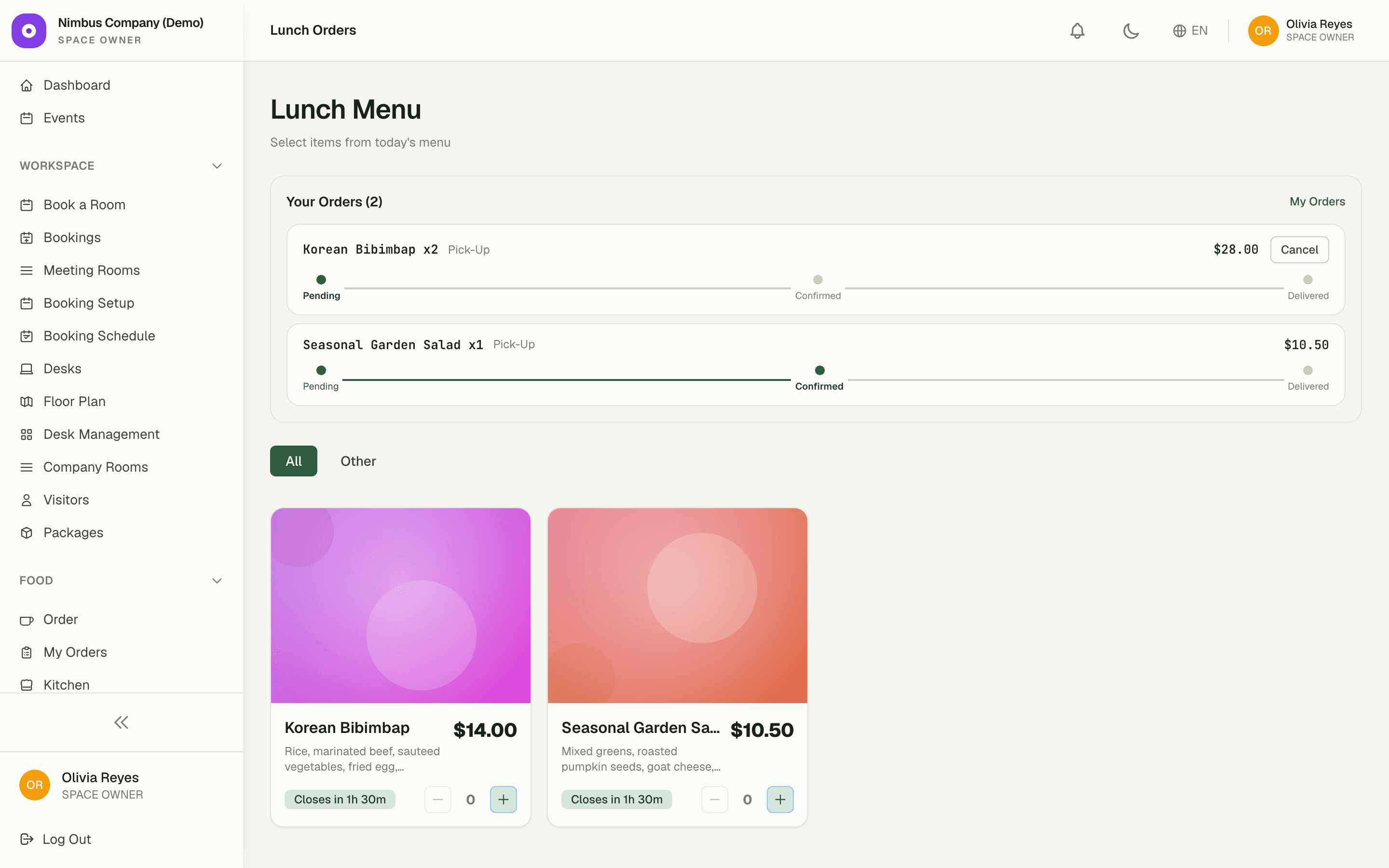 Daily lunch menu with order cutoff countdown badges