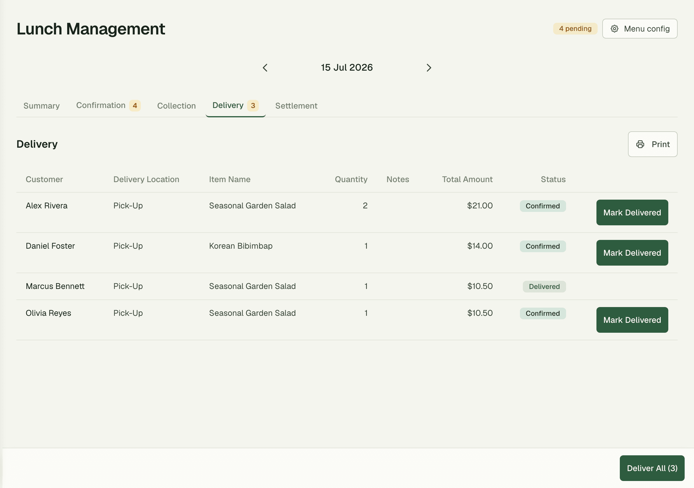 Bulk delivery actions across a day's lunch orders