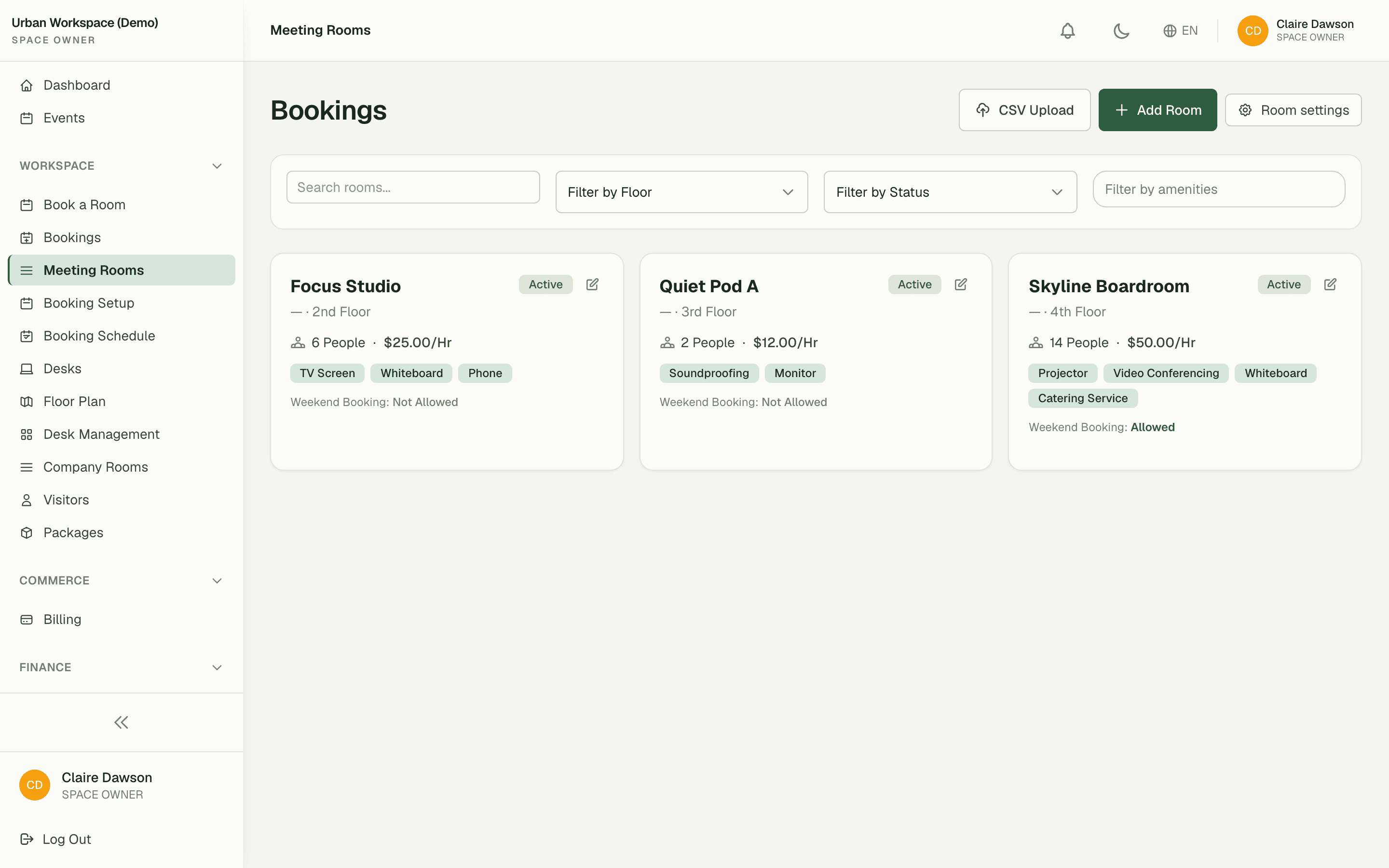 Room inventory with capacity and amenities