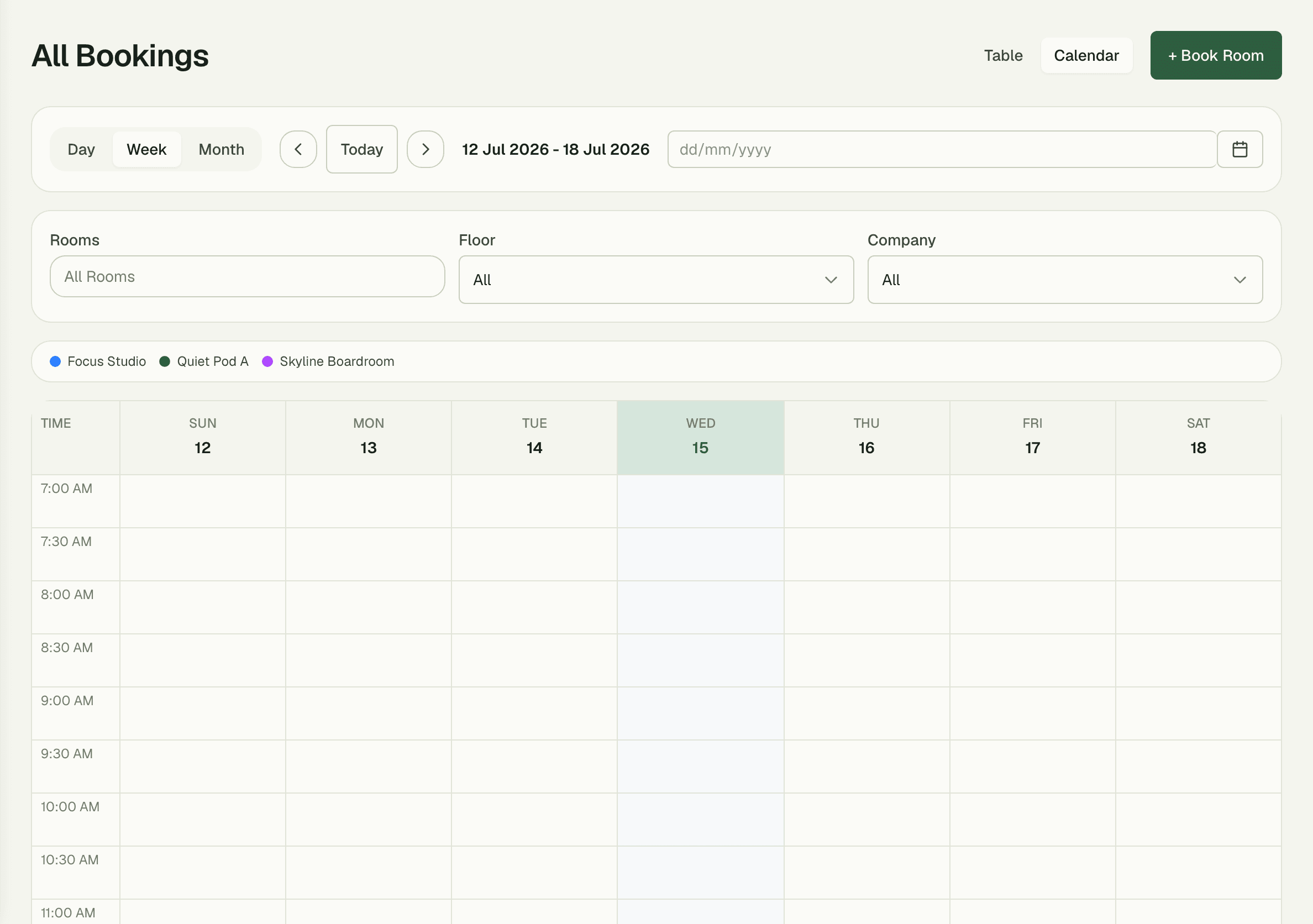 Meeting Rooms schedule view with real-time availability