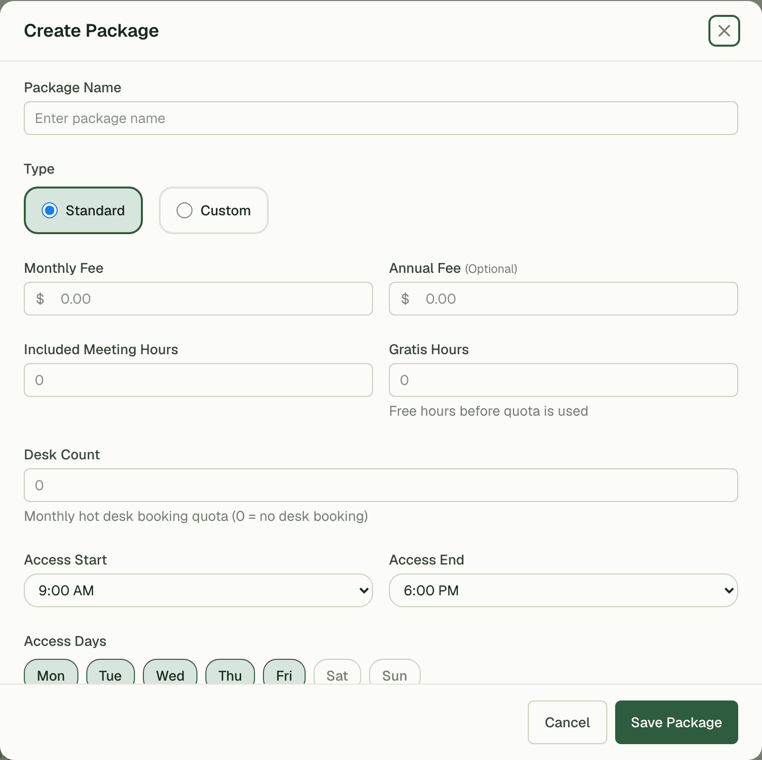 Package builder defining price, cycle, and entitlements