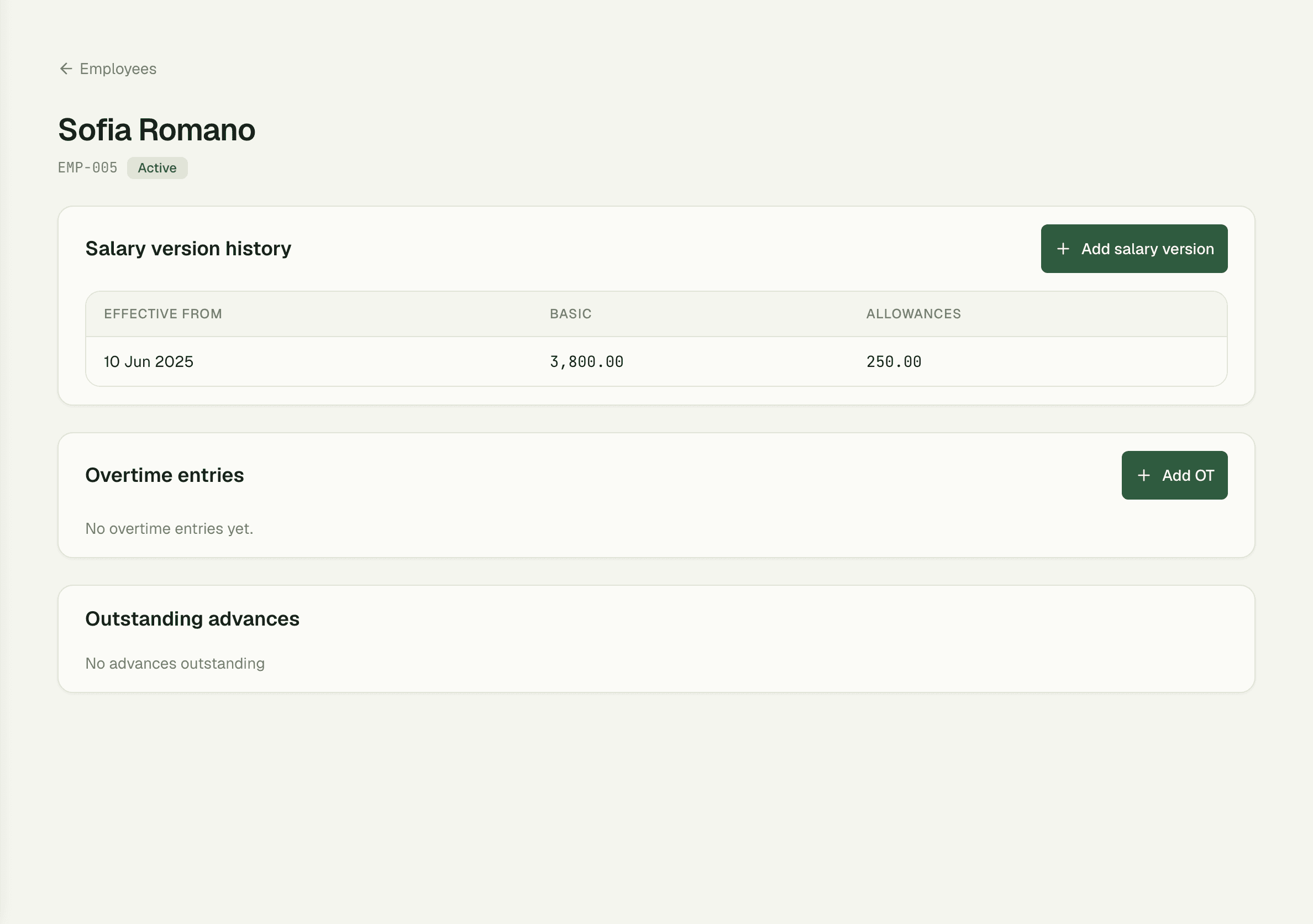 Employee detail with salary breakdown