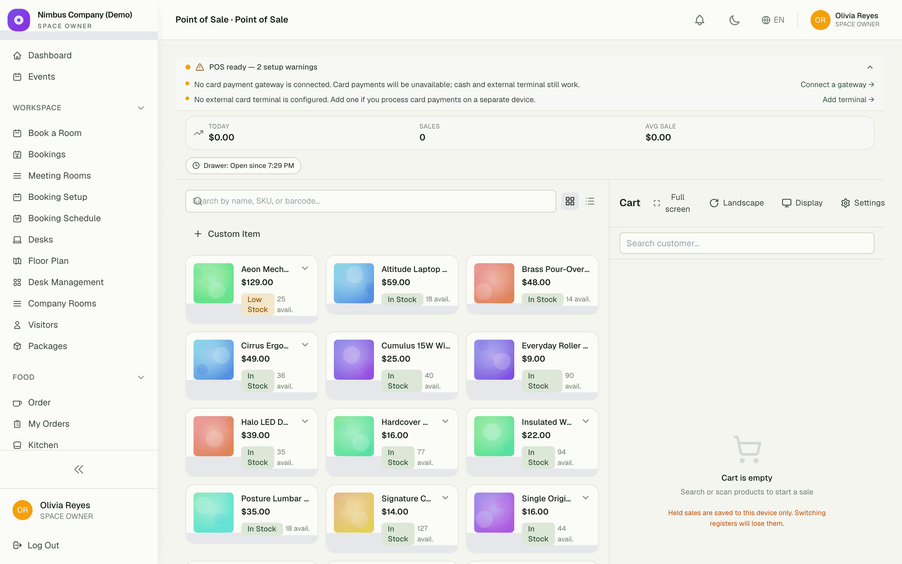POS register with product search and live cart