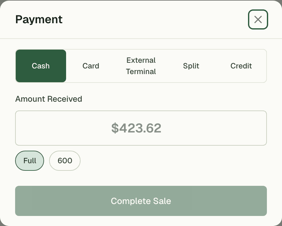 Payment screen with cash, card, and split tender options