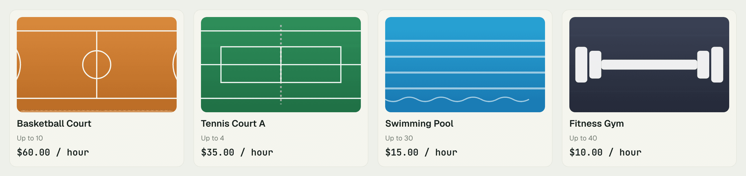 Public grid of bookable resources with hourly rates