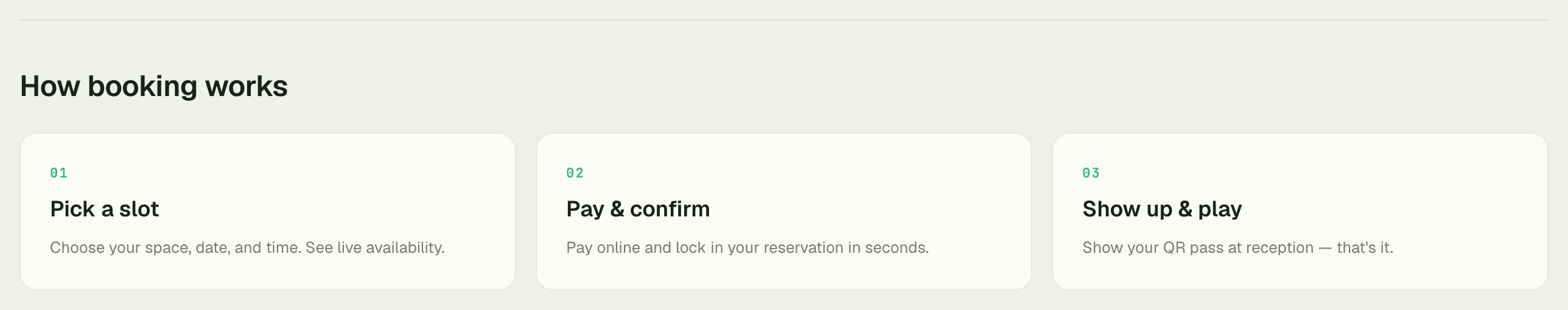 Three-step public booking flow: pick a slot, pay and confirm, show up