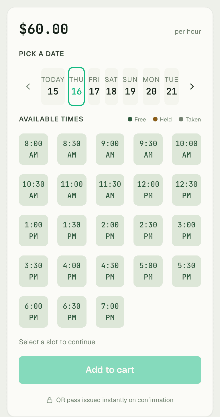 Real-time slot picker showing live availability