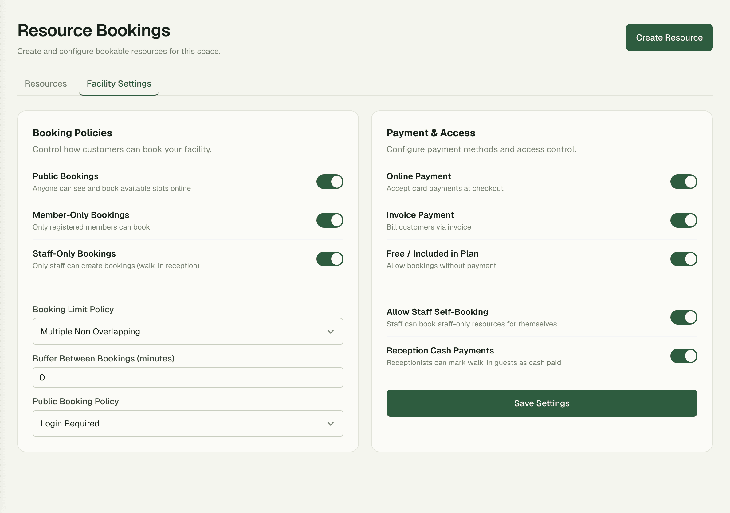Facility settings for opening hours, buffers, and limits