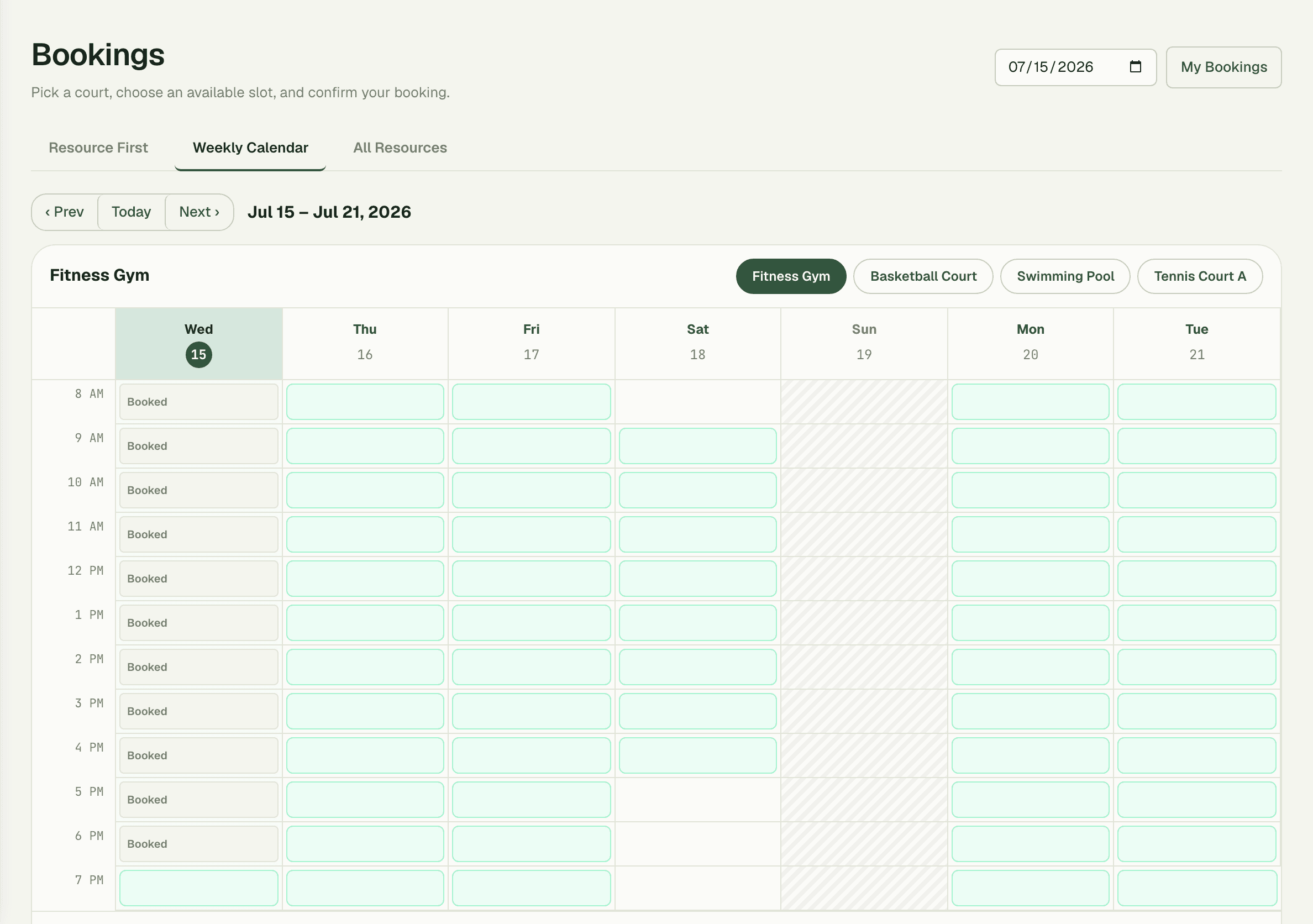 Weekly availability grid showing free and busy slots per resource