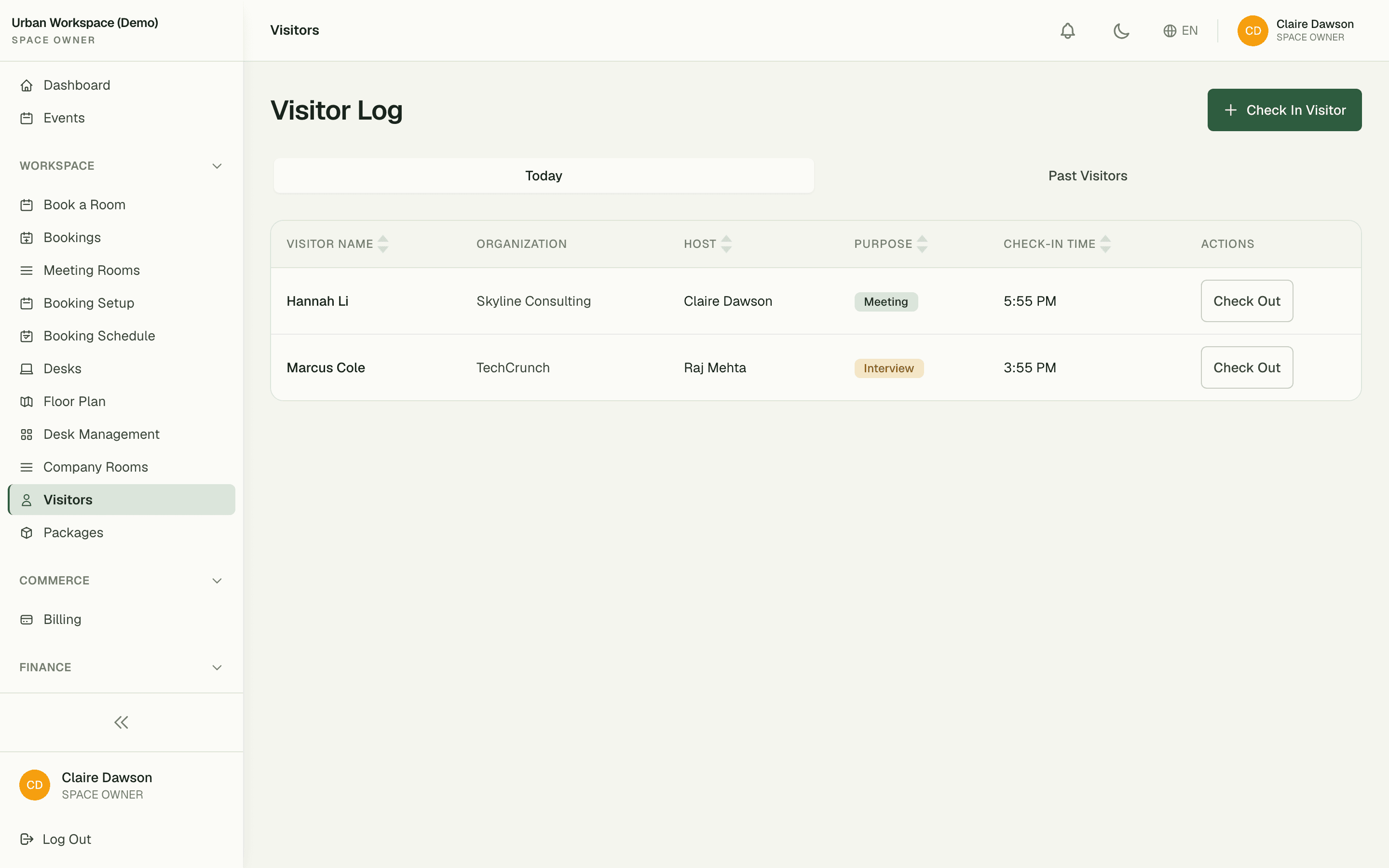 Live visitor log with currently checked-in guests