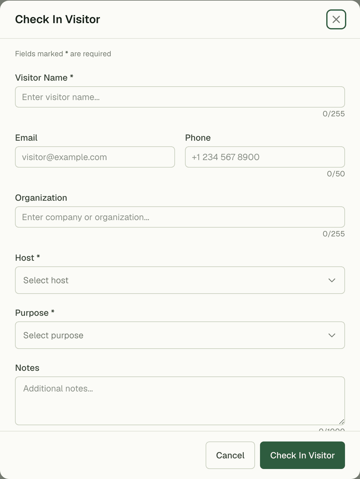 Visitor check-in form capturing host, purpose, and badge