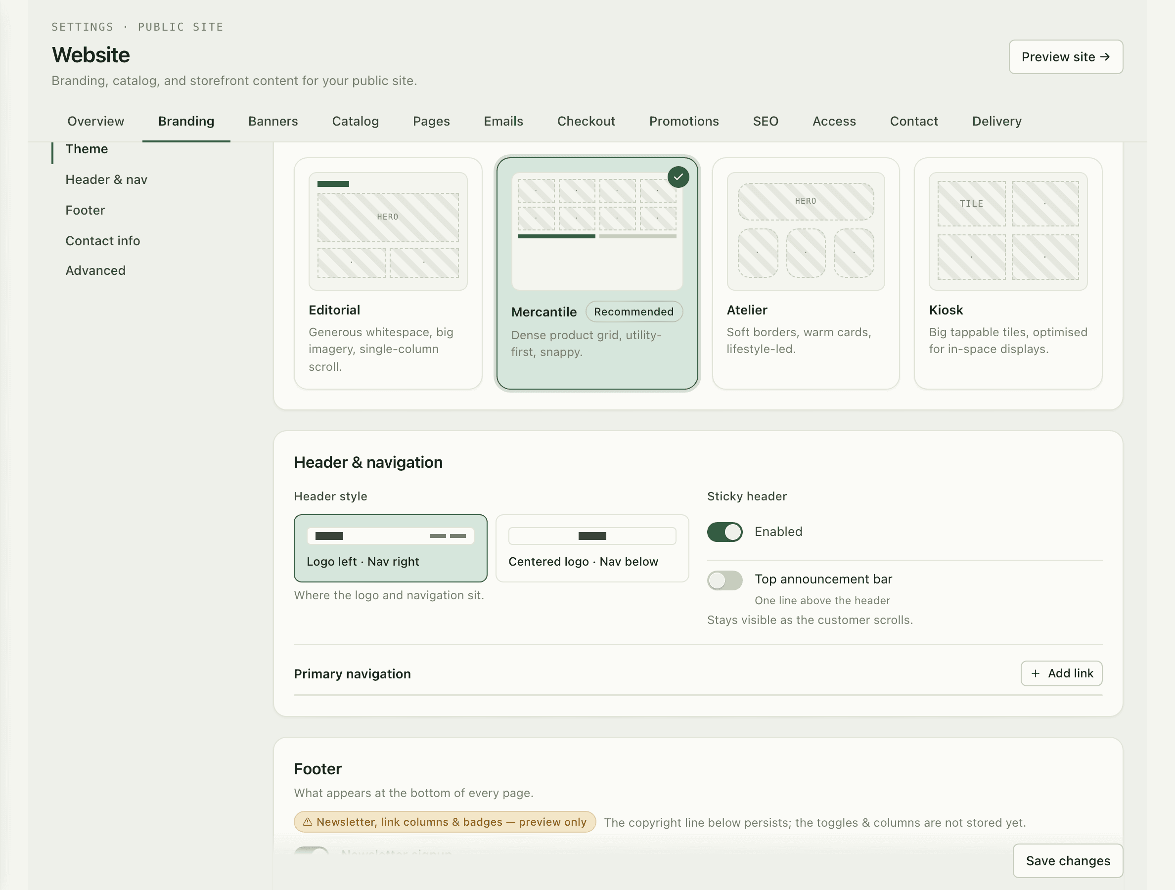 Branding hub with theme and brand preset controls